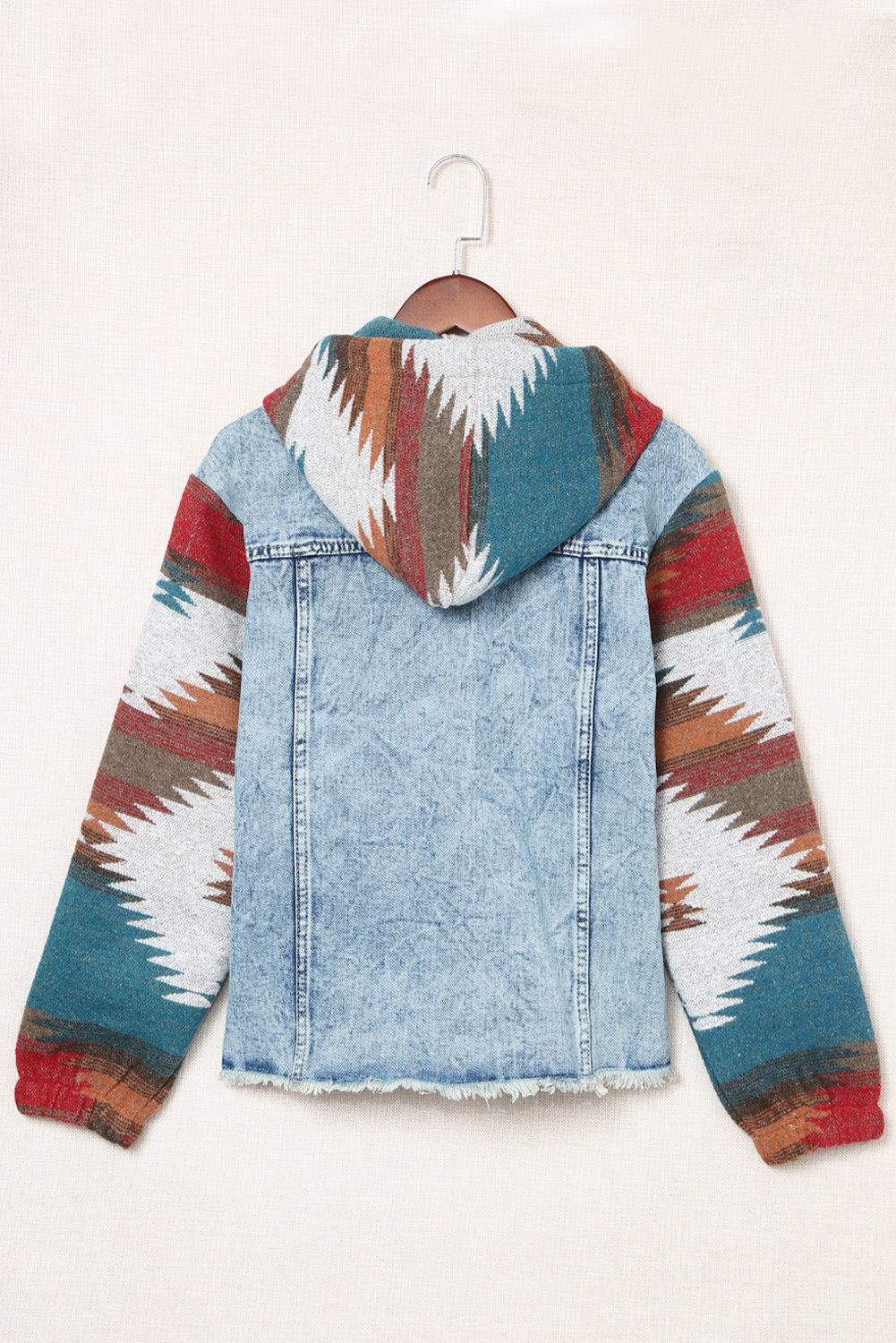 Western Style Denim Stitching Hooded Jacket Multi-Color Printed Frayed Hem Jacket - Edgy High-Quality Stylish Cozy
