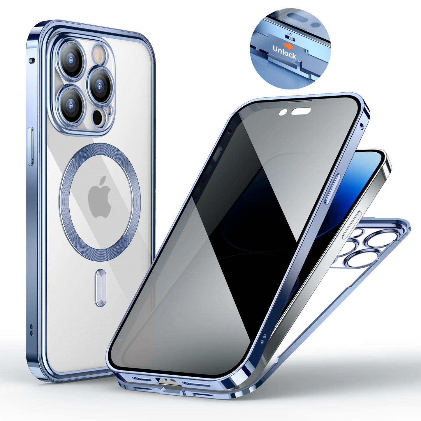 Anti-sekretess metallspänne magnetiskt stöd trådlös laddning dubbelsidig lins heltäckande telefonfodral skyddande fodral