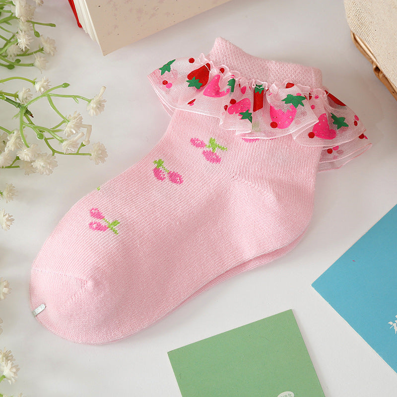 Strawberry Socks Girls Lace Socks Cotton Children