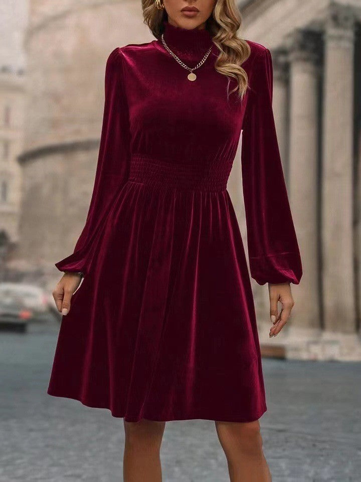 Graceful Stand Collar Solid Color Velvet Long Sleeve Dress