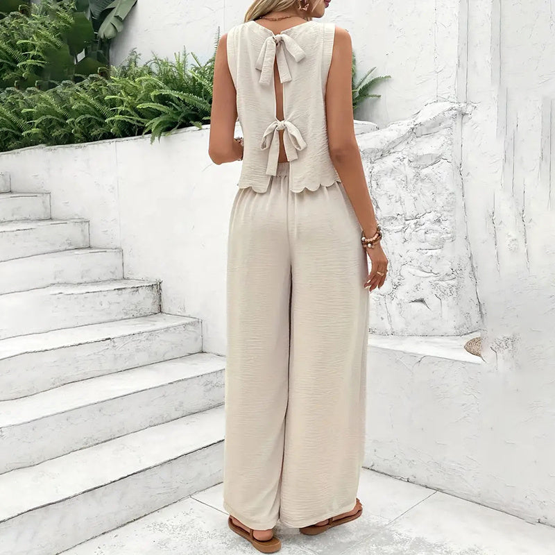 Elegant 2-delat matchande set för kvinnor, ärmlös crop top och vida byxor