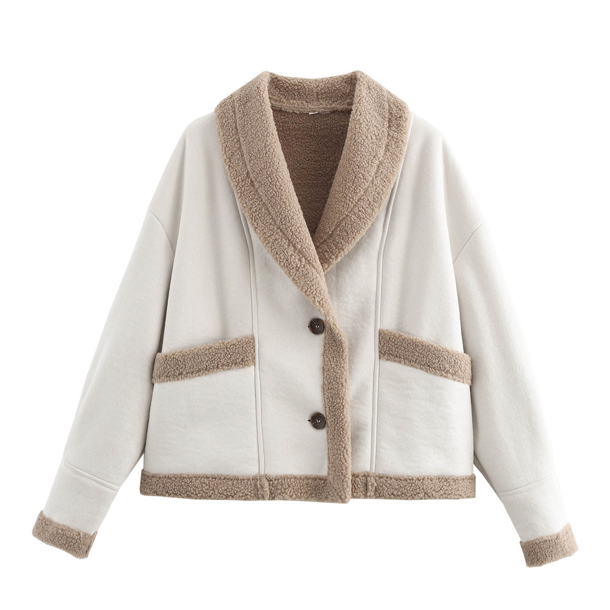 Lapel Woolen Coat With Pockets - Winter Fashion Loose Suede Short Top Women's Clothing
