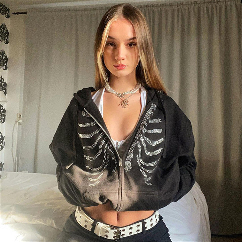 Butterfly Pattern Rhinestone Zipper Streetwear - Stylish & Durable