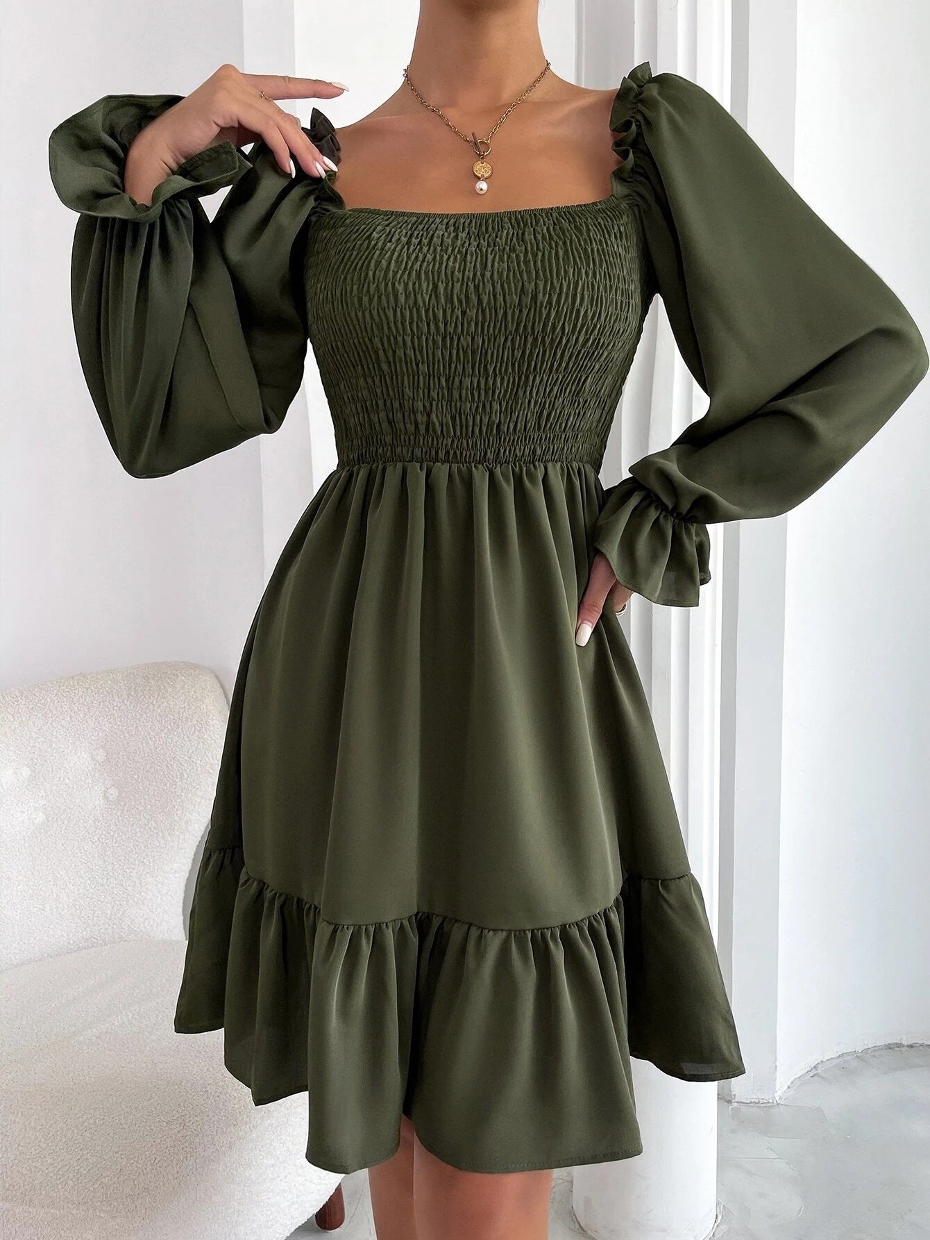 Robes évasées à manches longues pour femmes, col carré, robe trapèze à volants
