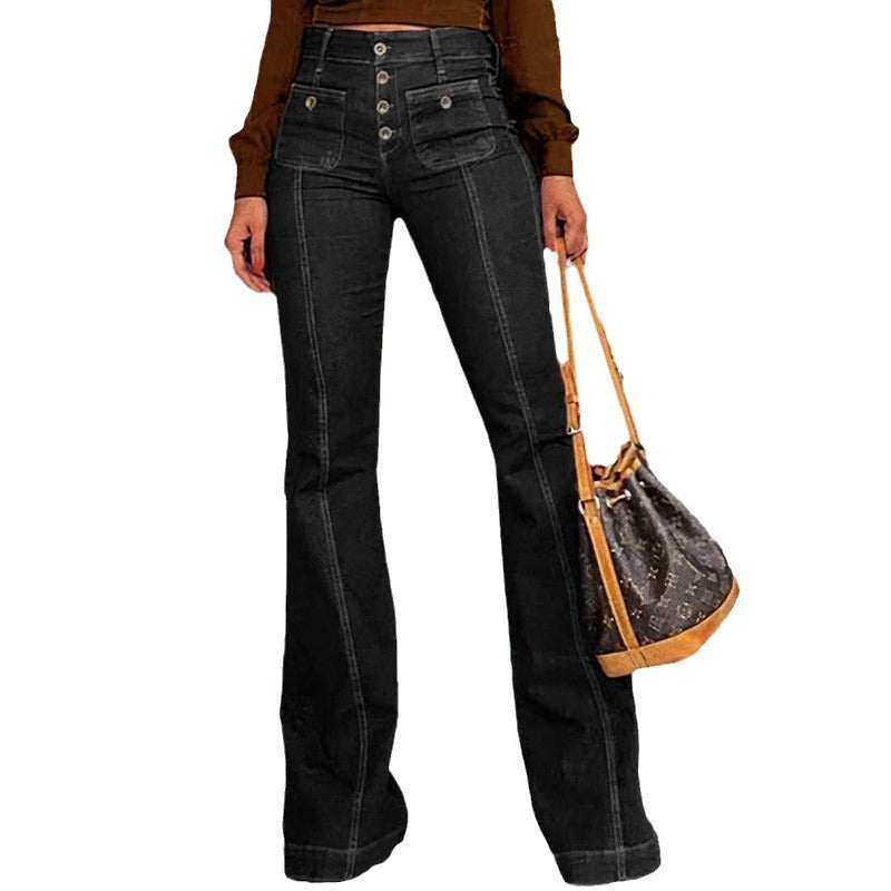 Stitching Washed Denim Stretch Slim Fit Bell-bottom Pants - Artisan Craft