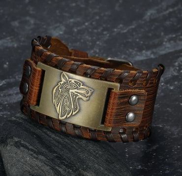Asgard-hantverksmanschett med läderspänne och Fenrir-design