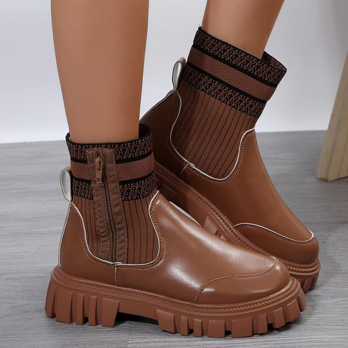 Women's Knitted Patchwork Martin Boots with Zipper