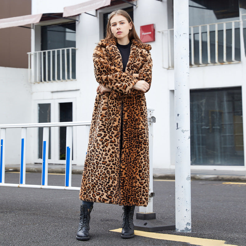 Faux Fur Leopard Print Rabbit Fur Super Long Suit Collar Fur Coat - Luxury Cruelty-Free Dramatic Sophisticated