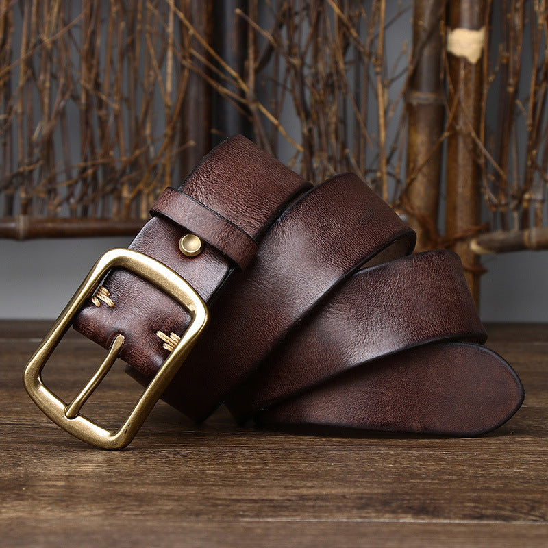 Men's Cowhide Vintage Distressed Pleated Brass Buckle Belt - Weathered Heritage