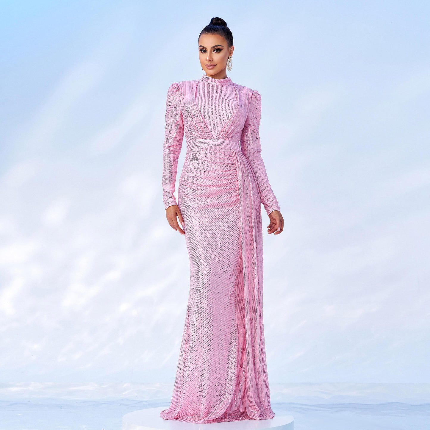 Long Sleeve Round Neck Sequined Banquet Dress - Hip Skirt Temperament Commute - Premium Polyester