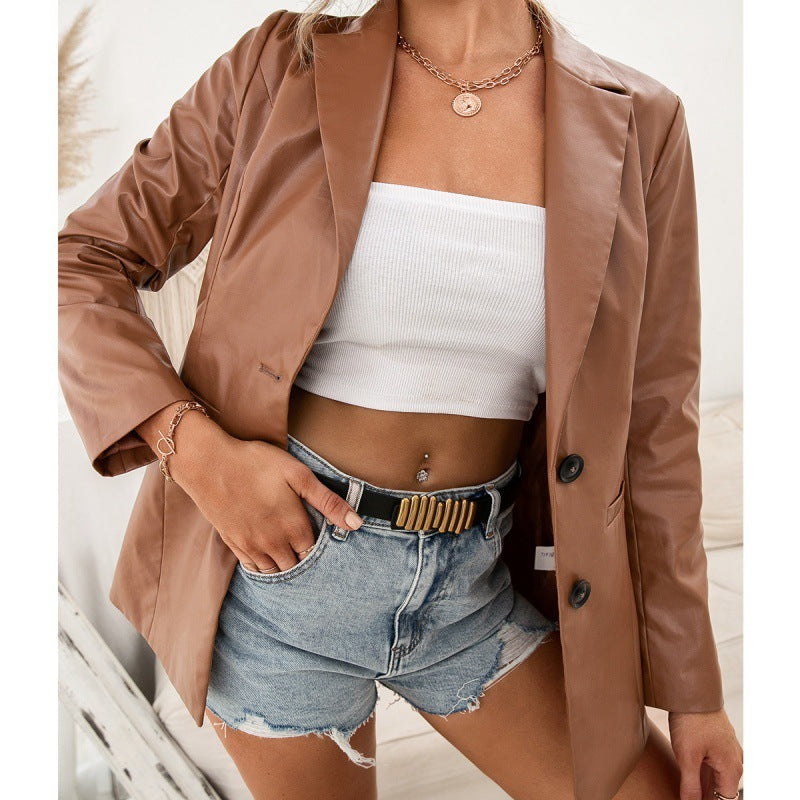 PU Motorcycle Leather Jacket Blazer Top Women - High-Quality Sleek Durable Design Female Biker