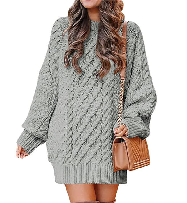 Indulge in the Luxe: Women's Round Neck Long Sleeve Twisted Knitted Mid-length Dress Sweater