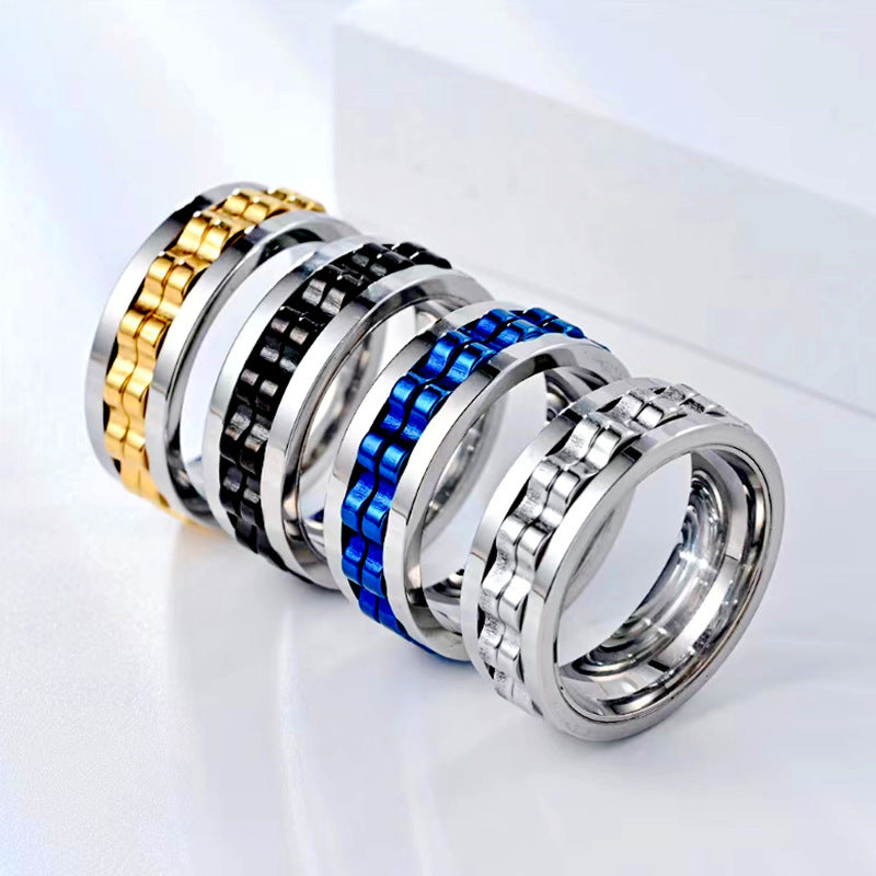 Titan Spinner Fyrkantig Texturring För Herr Högpolerat Rostfritt Stål Kugghjul Roterande Ångest Fidget Ringar Charm Smycken