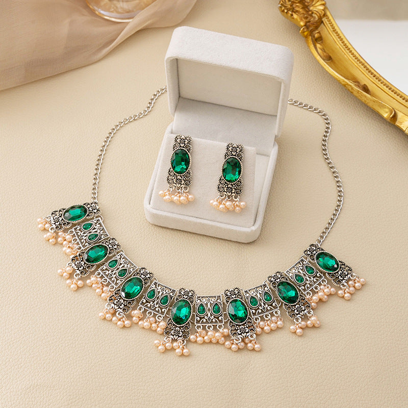 Vintage Emerald Earrings - Ethnic Style Square Tassel Bead Pendant Jewelry Suit