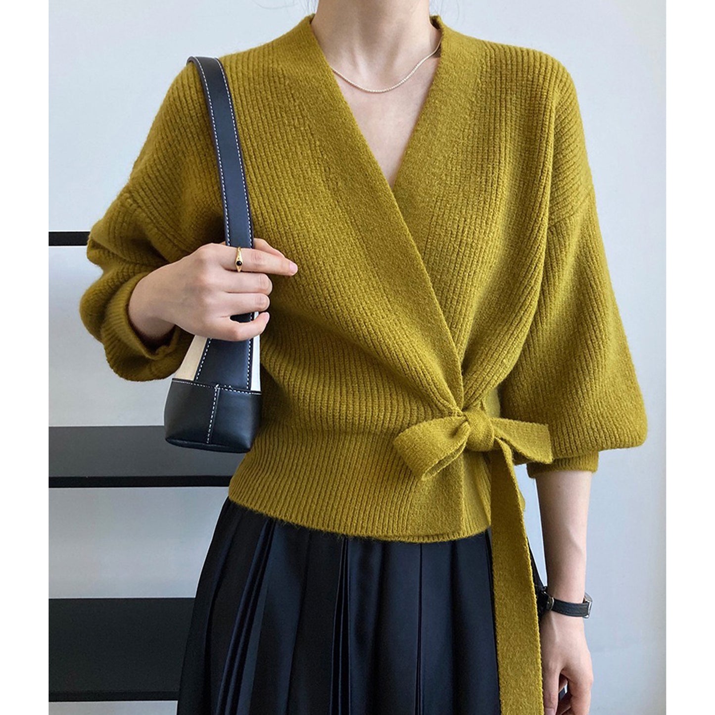 French Retro Knitted Cardigan Top - V-neck, Tie, Loose Fit, Handmade Spring Clothing