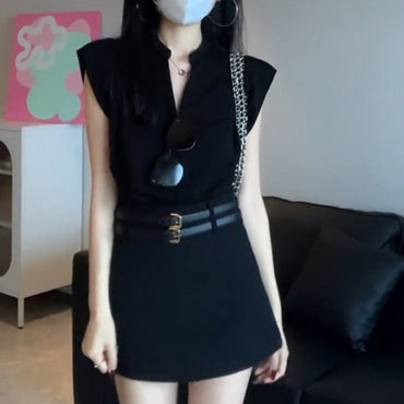 Goddess Temperament Sleeveless V-neck Shirt Skirt Two-piece Suit