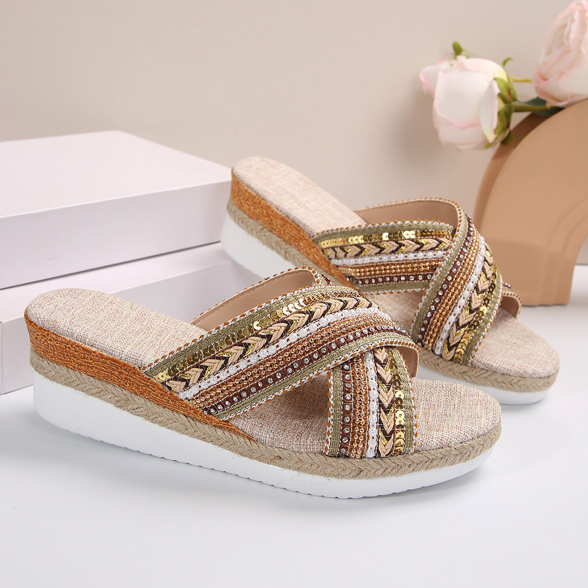 Linen Wedge Sandals - Ethnic Summer Shoes - Bohemian Collection