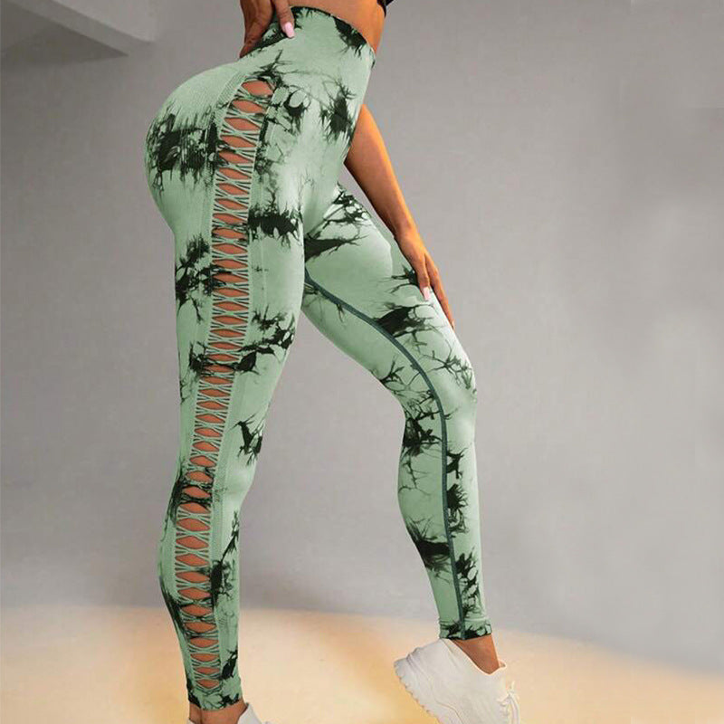 Hollow Tie Dye tryckta yogabyxor Hög midja rumplyft Sömlös Sport Gym Fitness Leggings Slimbyxor för kvinnor Tighta byxor