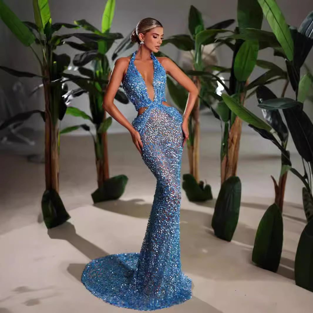Halter Deep V-Neck Sequin Evening Dress - Sky Blue Hollow Mesh - Company Annual Meeting Host Dress