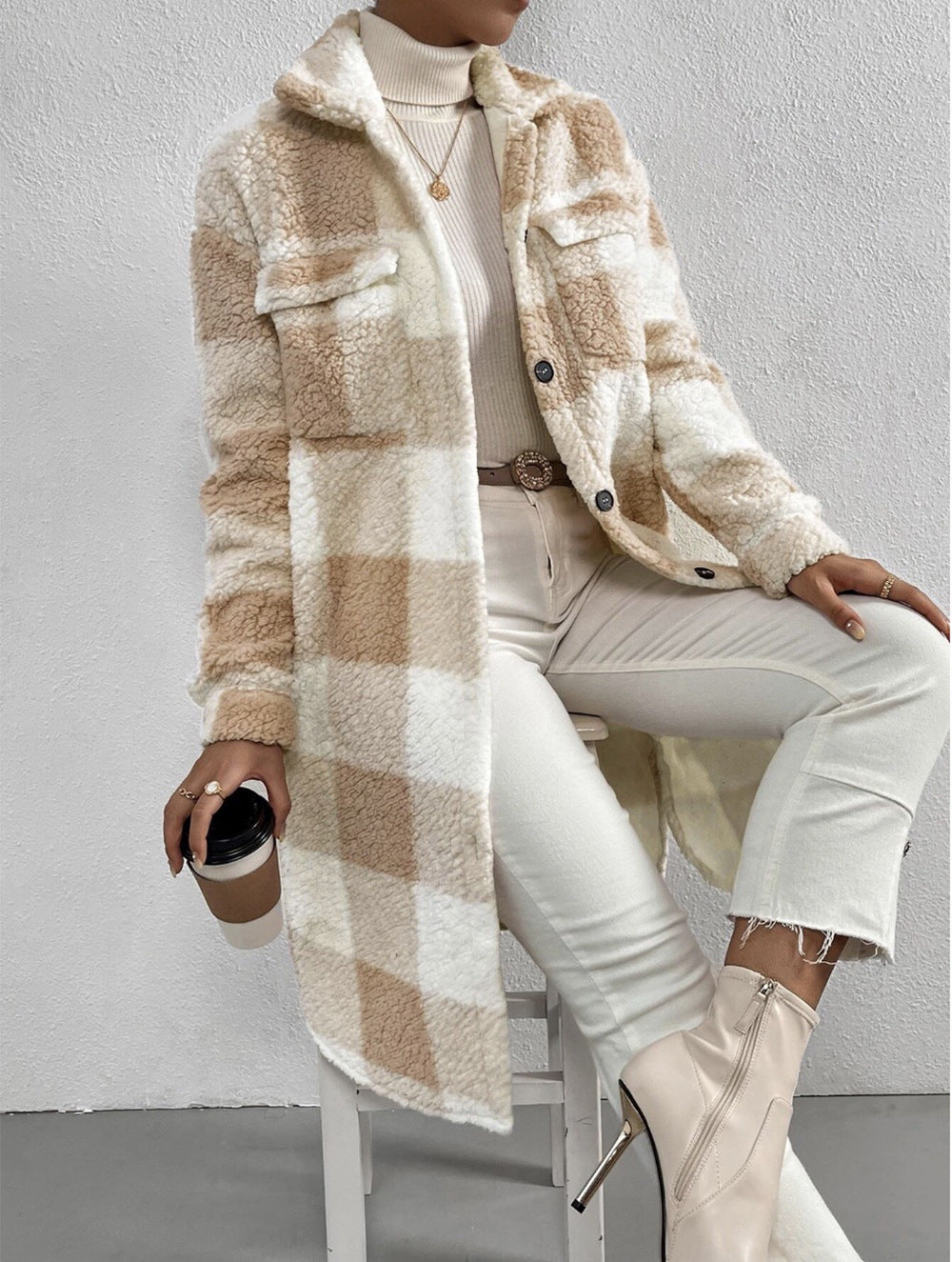 Manteau à carreaux en peluche à revers boutonné, ample