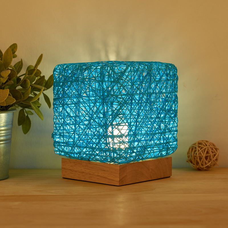 Hand-knit Dimmable Square LED Desk Lights Wood Rattan Twin USB Charging Table Lamp Girls Bedroom Gift Home Decor Night Lighting