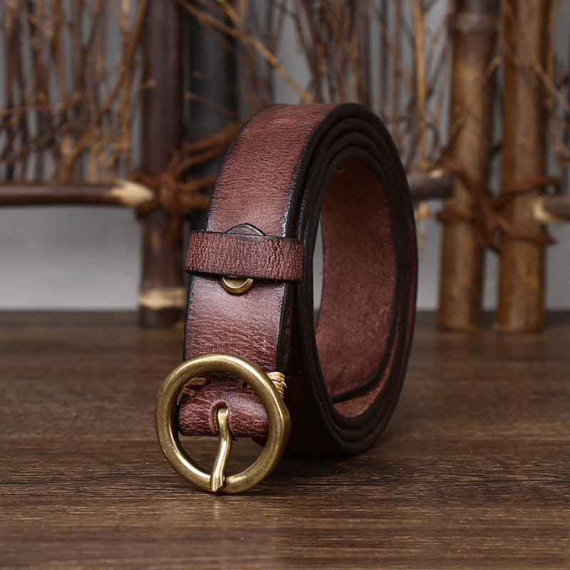 Women's Fashion Leather Jeans Belt Brass Buckle - Casual Chic