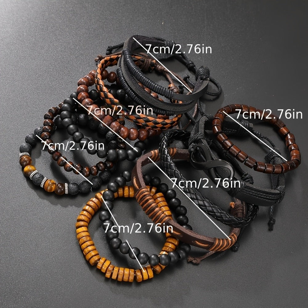 Vintage Men's Bracelet Set - Woven Leather, Tiger's Eye, and Moonstone