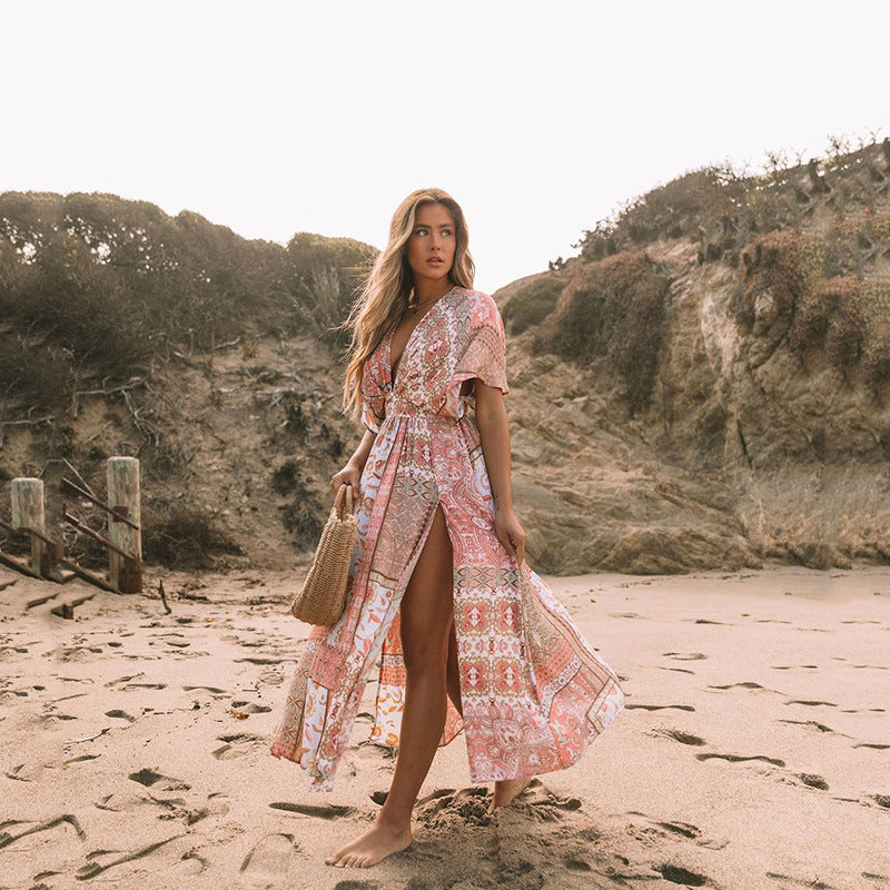 Robe bohème imprimée à fleurs pour femmes, vêtements de plage irréguliers