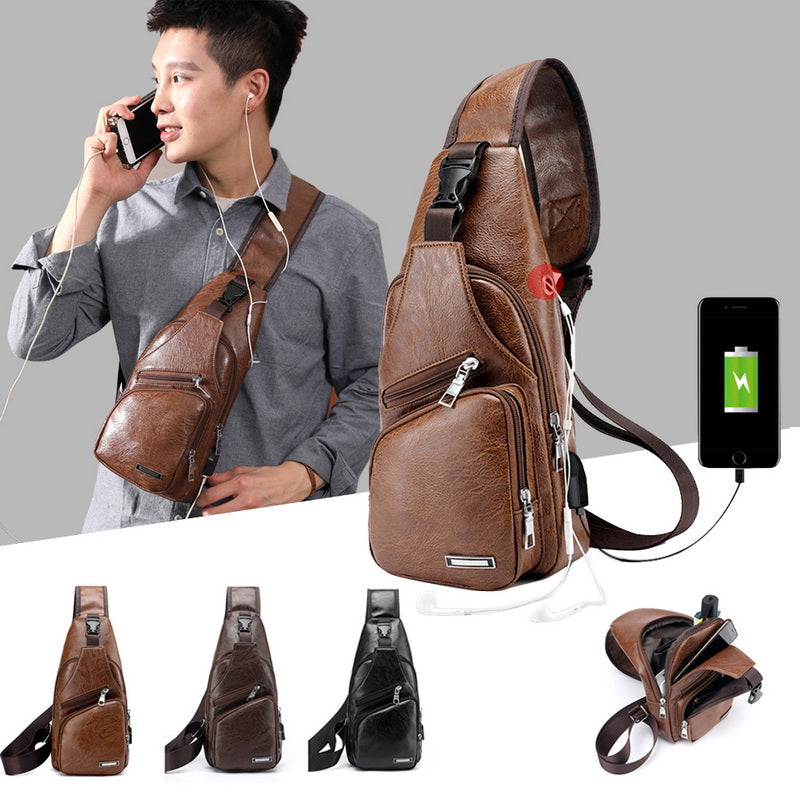 Sac de chargement USB pour hommes, sac de poitrine pour hommes, sac à bandoulière personnalisé en PVC PU, paquet diagonal, messager, sac de voyage, sacs à bandoulière