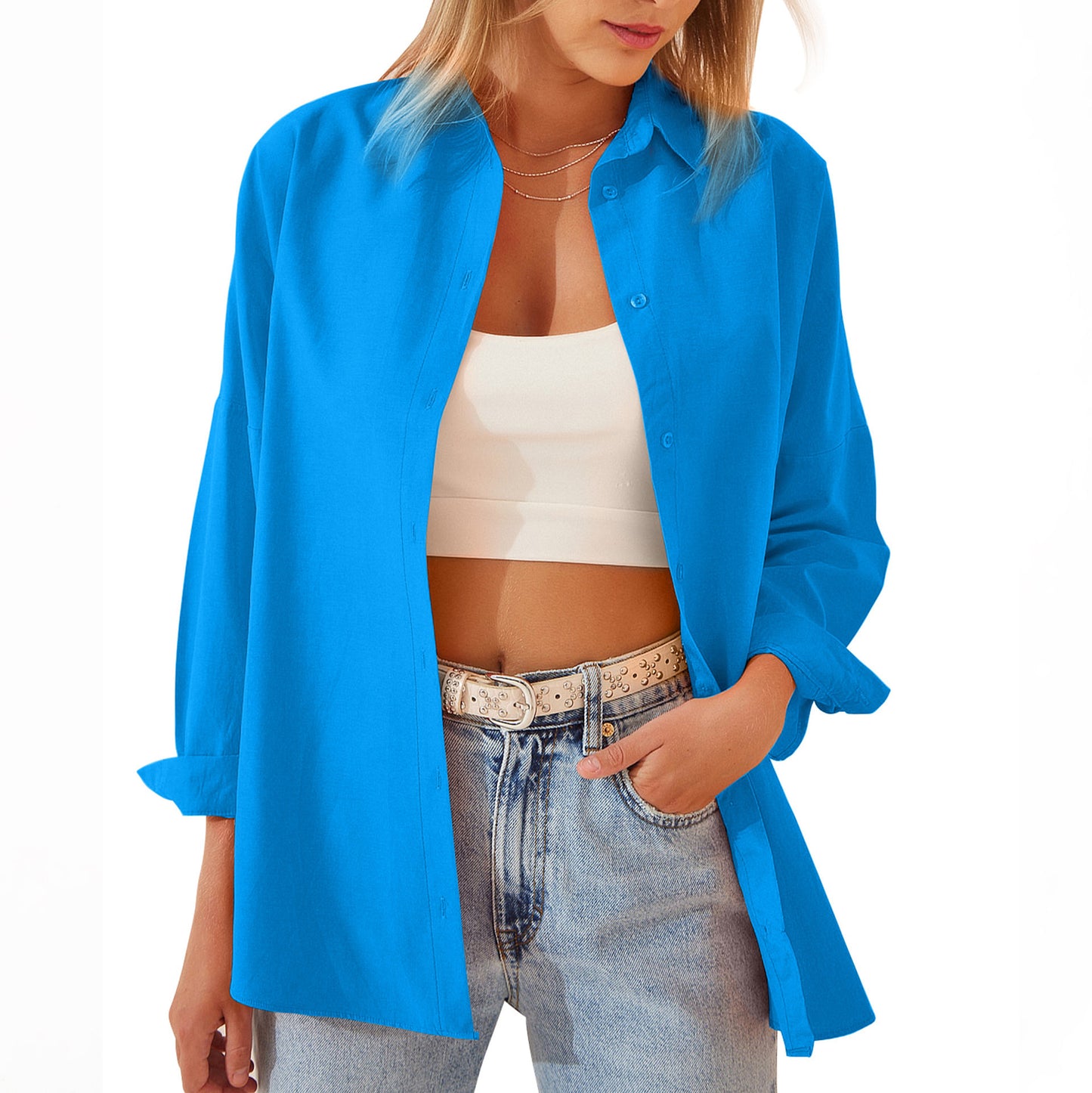 Veste chemise pour femme, chemisier à manches longues, hauts boutonnés, chemise couleur bonbon