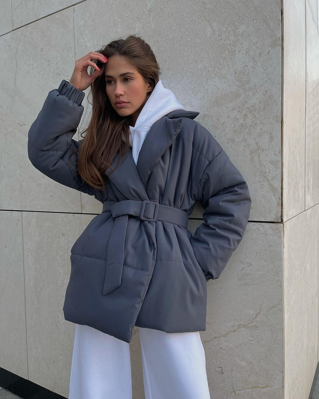 Winter Lapel Waisted Cotton Coat Fashion Solid Color Slim Overcoat Womens Clothing - Polyester Regular Style