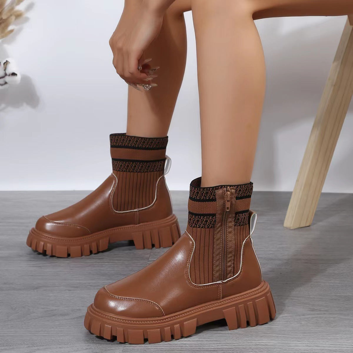 Women's Knitted Patchwork Martin Boots with Zipper