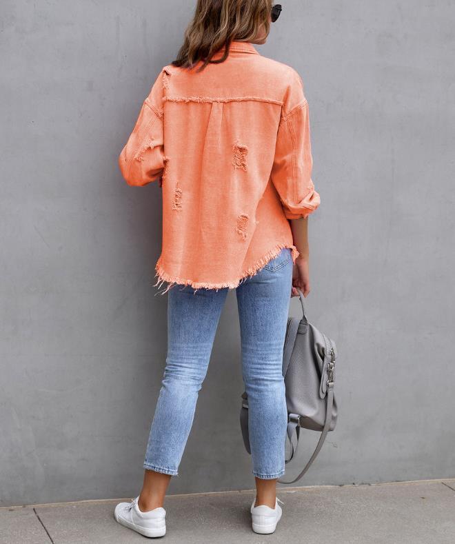 Veste en jean légère effilochée surdimensionnée pour femme, boutonnée, déchirée, en détresse