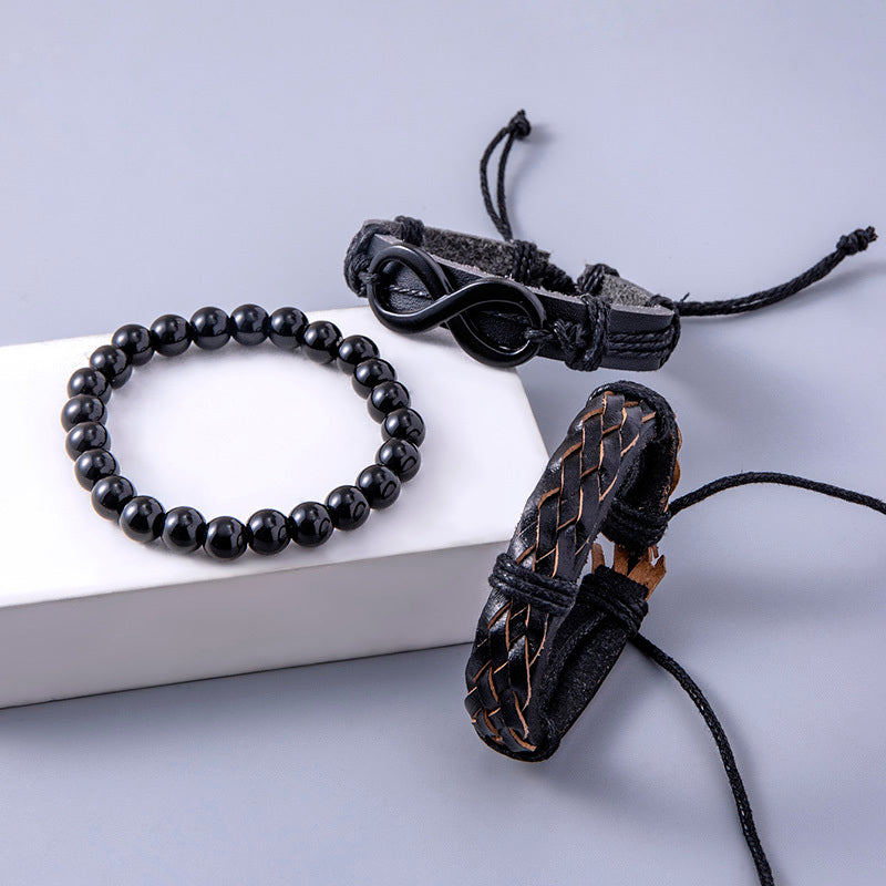 Punk Svart Flätat Läderarmband Vintage Infinity Symbol Charms Pärlarmband För Män
