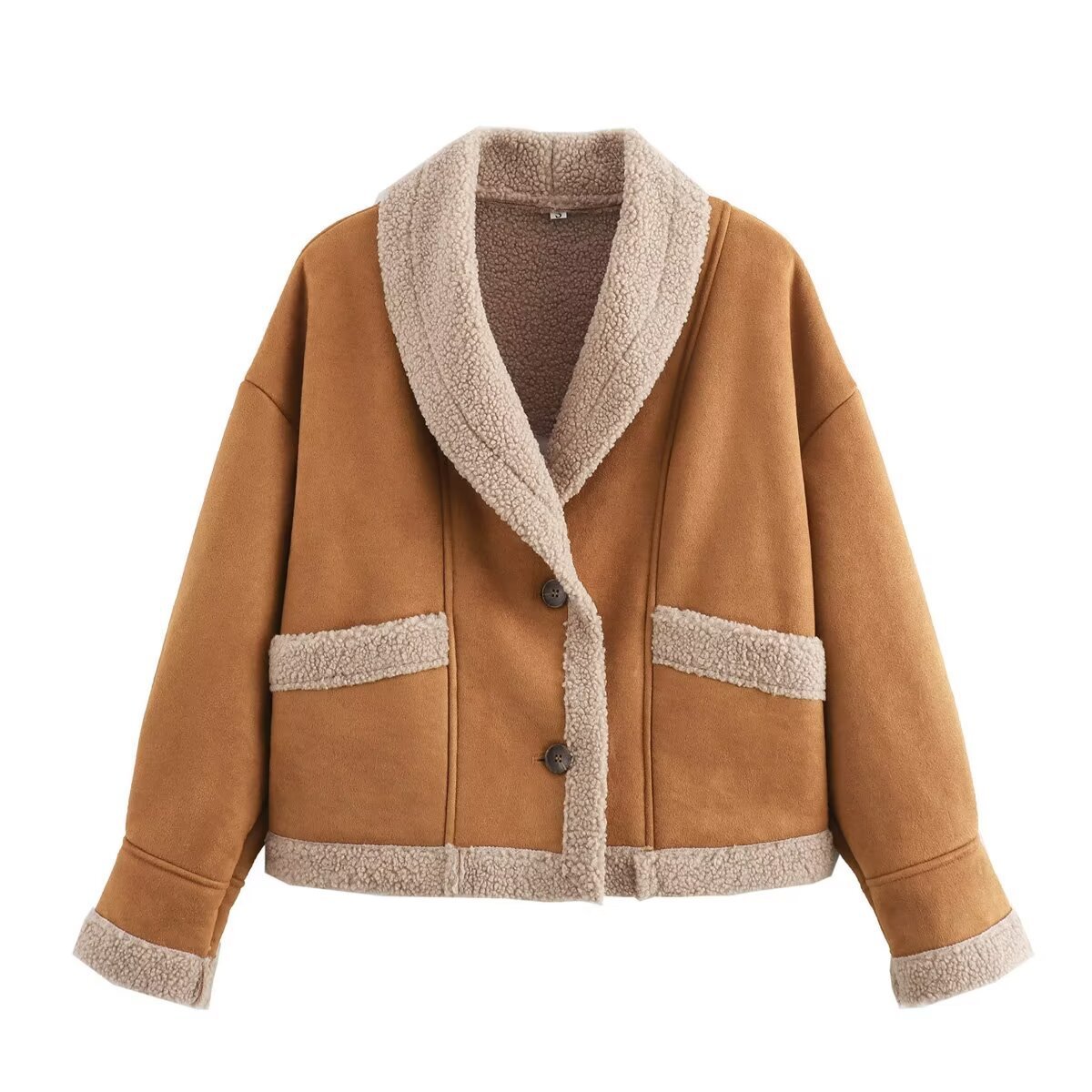 Lapel Woolen Coat With Pockets - Winter Fashion Loose Suede Short Top Women's Clothing
