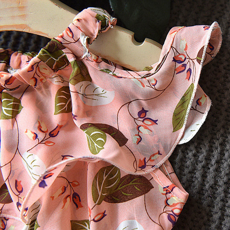 Robe pour enfants filles feuille en mousseline de soie sans manches vacances bohème