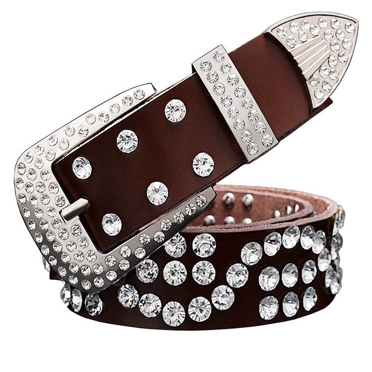 Women's Leather Diamond-Studded Cowhide Pin Buckle Belt - Elegant Glamour