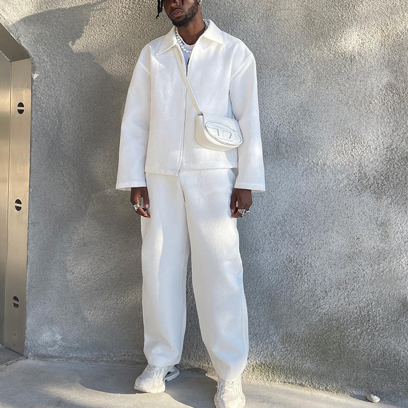 Veste de couleur unie pour hommes, pantalon décontracté, ensemble deux pièces