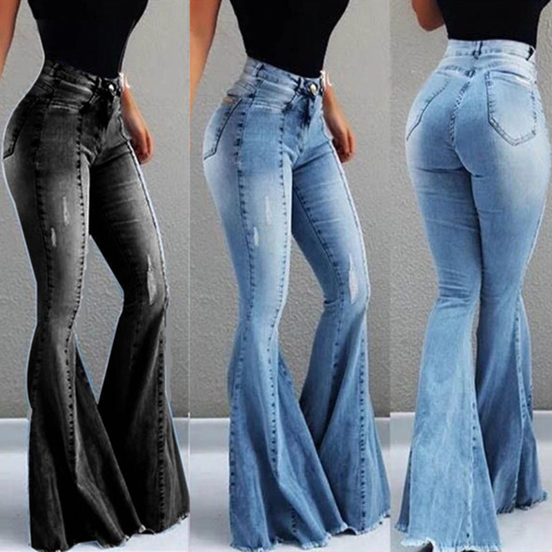 Elastisk hög midja Ripped Denim Bell-bottom byxor kvinnor