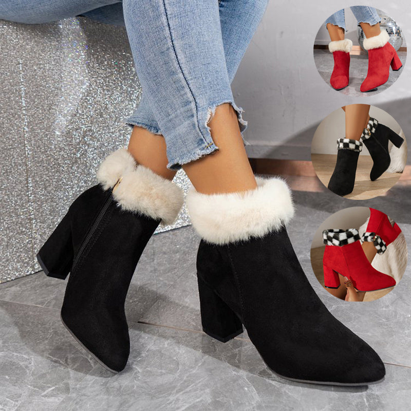 Women's Plaid Suede Ankle Boots with Square Heel