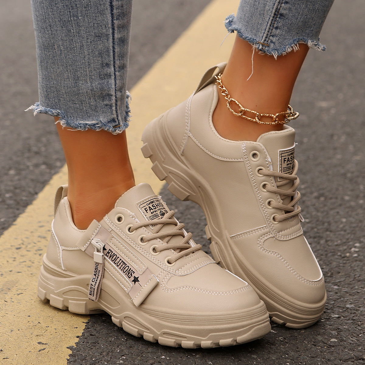 Snörskor med dragkedja i sidan Moderiktiga, tjocka, rundade casualskor för kvinnor Sneakers
