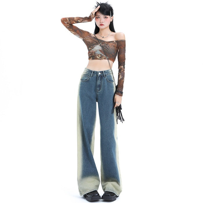Blue Gradient High Waist Slimming Hot Girl Mop Pants