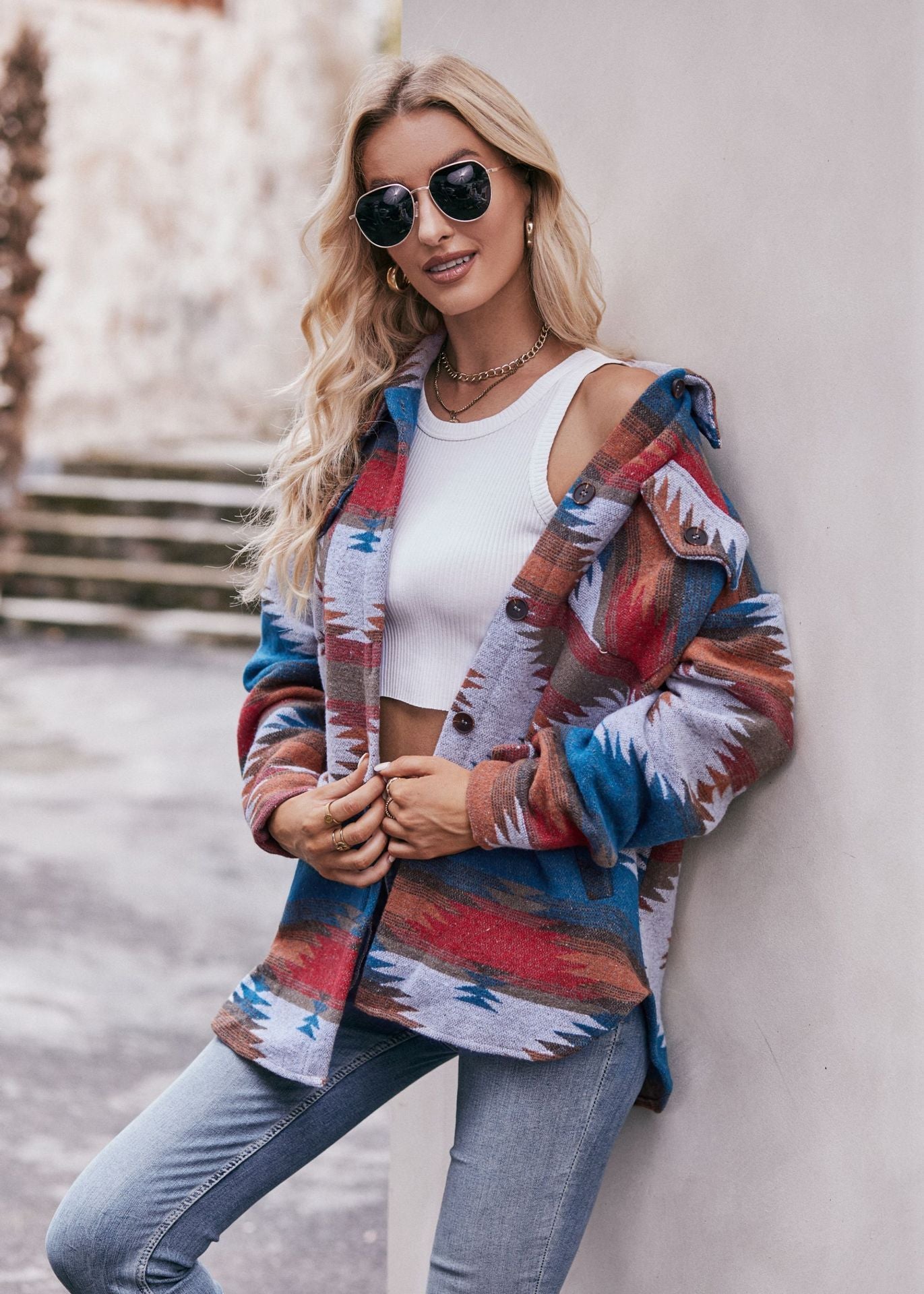 Geometric Print Jacket Shirt Winter Stand Collar Coats With Pockets Women's Outwear - Modern Versatile Flattering Practical