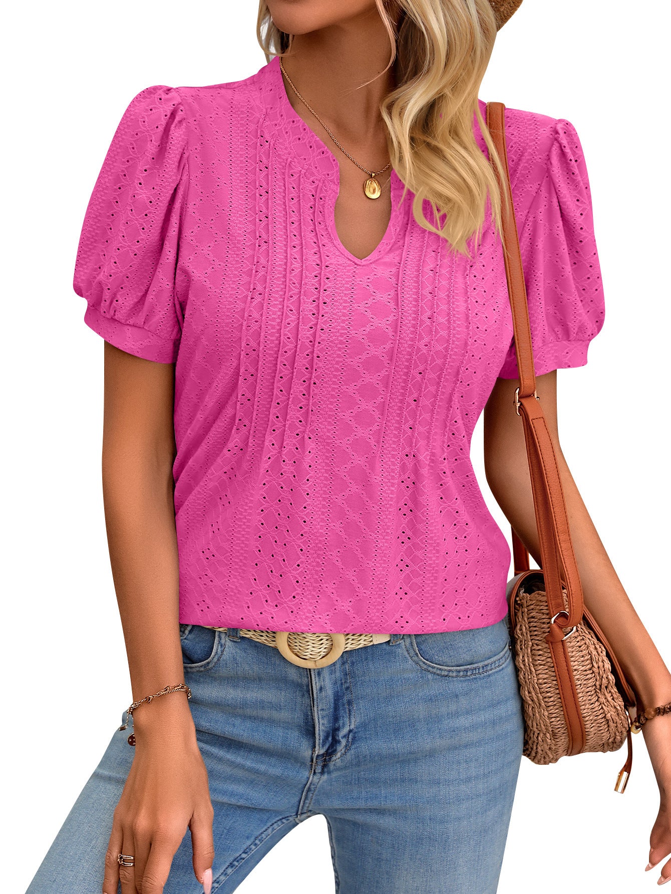 Solid Color V-neck Puff Short-sleeved T-shirt - Fashion Summer Collection