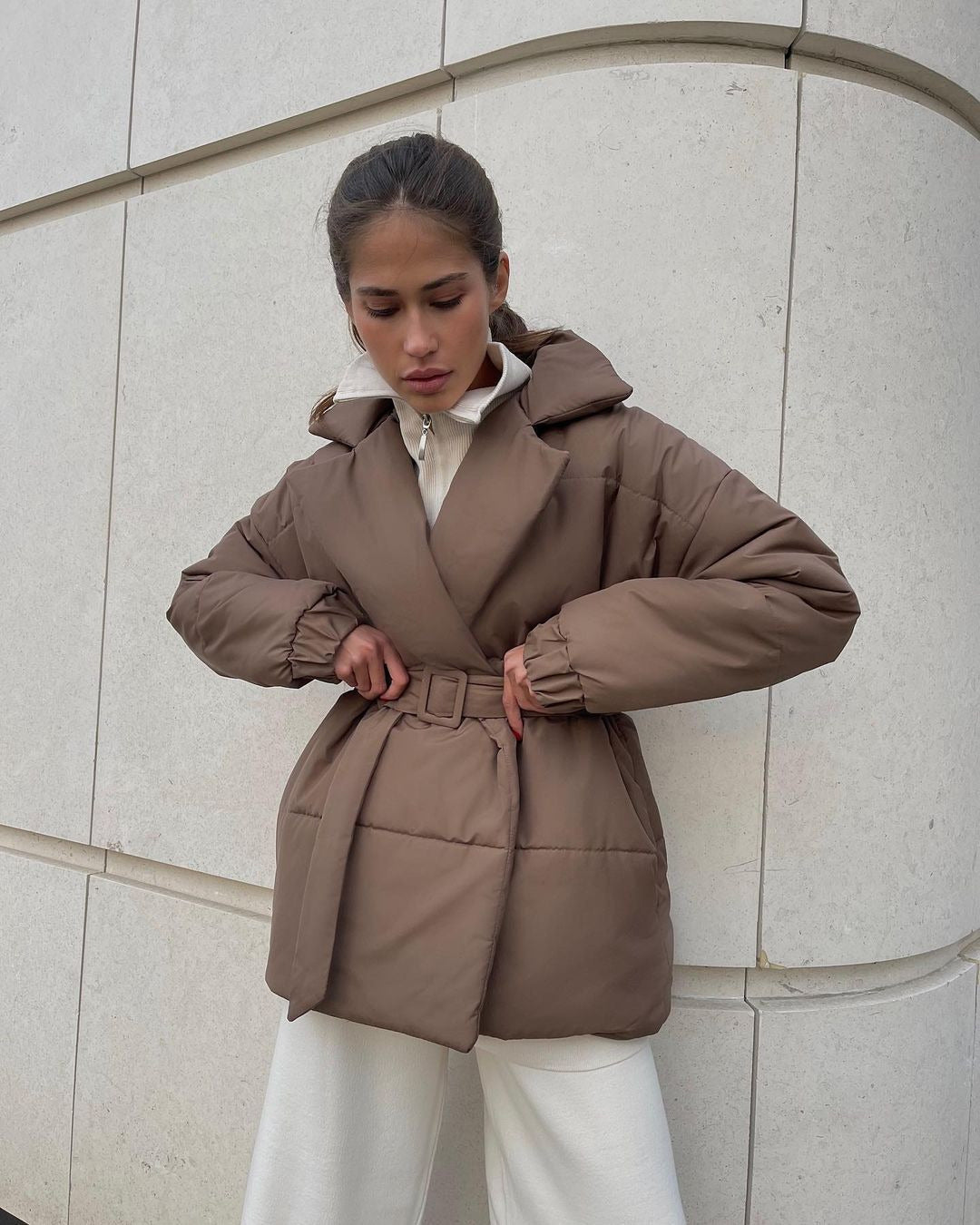 Winter Lapel Waisted Cotton Coat Fashion Solid Color Slim Overcoat Womens Clothing - Polyester Regular Style