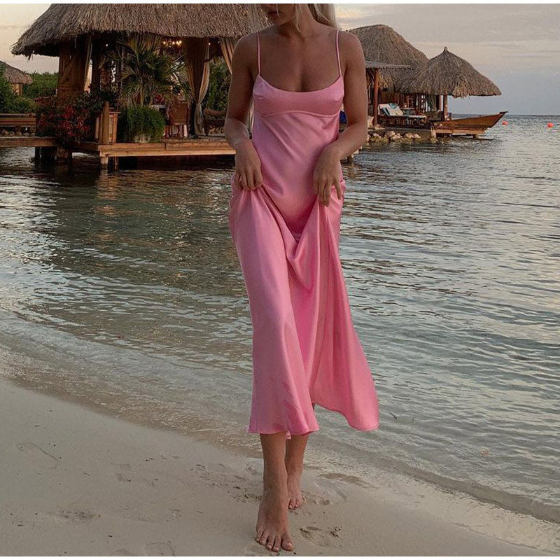 Femmes Camis Satin longues robes élégantes sans manches Slip robes de fête de vacances Sexy décontracté dos nu robes d'été