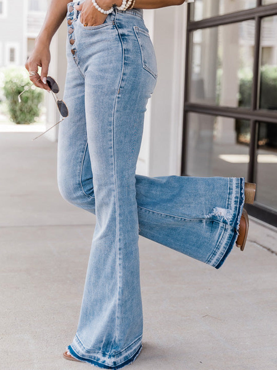 Autumn New Solid Color High Waist Denim Casual Versatile Buttons Slim Fit Bell-bottom Pants - Seasonal Versatility