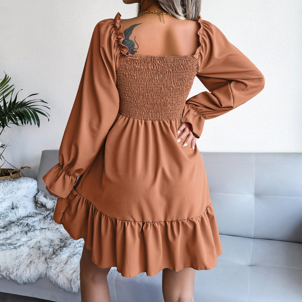 Robes évasées à manches longues pour femmes, col carré, robe trapèze à volants