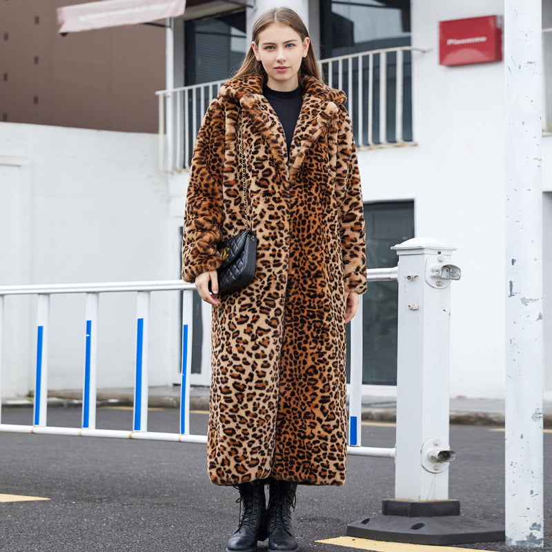Faux Fur Leopard Print Rabbit Fur Super Long Suit Collar Fur Coat - Luxury Cruelty-Free Dramatic Sophisticated