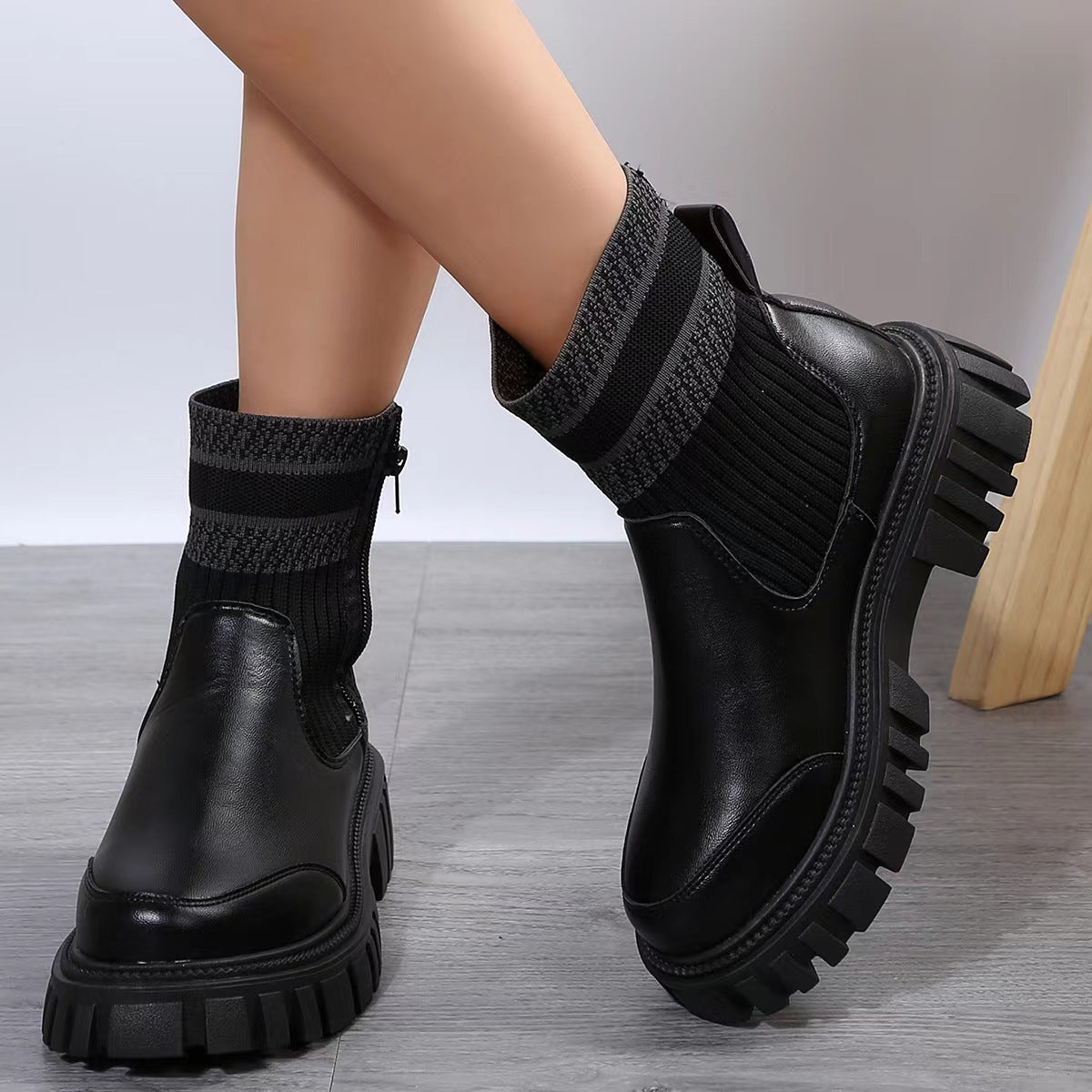 Women's Knitted Patchwork Martin Boots with Zipper